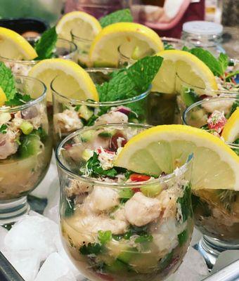 We whipped up these shrimp, crab, and fresh local fish ceviche cocktails for a catering event we did over the weekend.