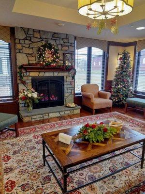 The gathering area inside the Christianne Inn. Decorated for Christmas.