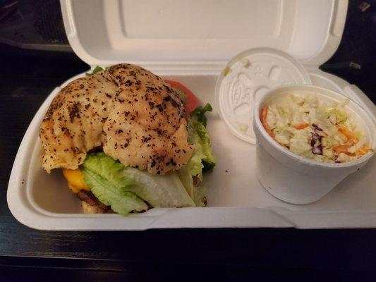 Cheeseburger with parmesan beer bread and coleslaw