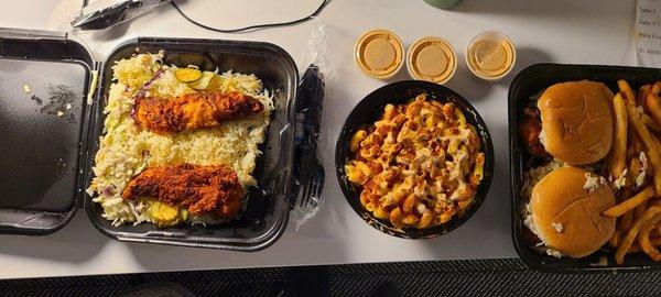 Rice and angry chicken, angry Mac, and angry sliders.