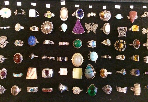 Sterling silver rings with lapis, topaz, peridot, larimar, tigers eye, malachite, citrine, carnelian & amethyst stones.