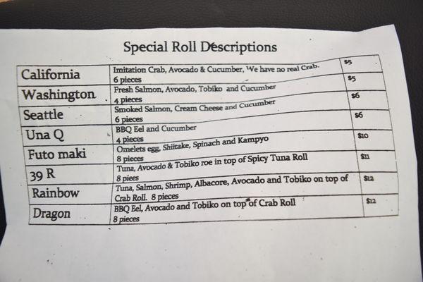 Special Roll Menu