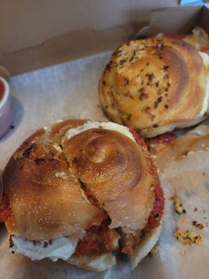 Stuffed Garlic Knot sandwiches with eggplant parm and chicken parm