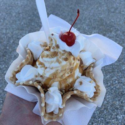 Caramel waffle bowl sundae.