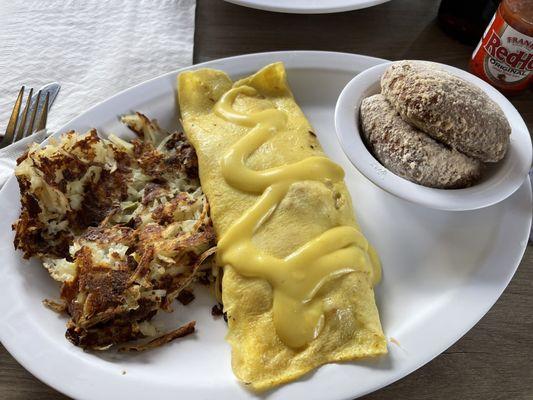 Seafood omelet, flip potato, cinnamon flips