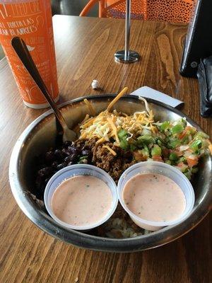 Southwest rice bowl with beef and Southwest ranch dressing.