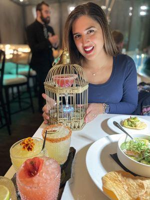 "The Kylie" sweet and spicy, visually impressive drink! Served in a glowing golden bird cage too!