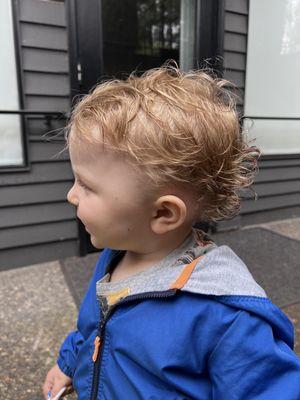 Haircut styled as he normally wears it......the front combed to one side.