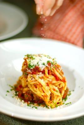 Homemade Fettucini with Beef Meatballs and Local Pecorino Style Cheese