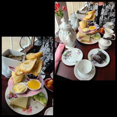 King Triton tea - assortment of tea sandwiches. Scones with butter, lemon curd, or berry jam, and mushroom pate on toasted bread