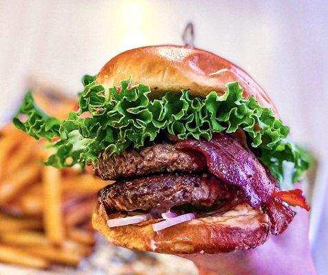 Build Your Own Beef Burger with 2 beef patties & bacon on a burger bun