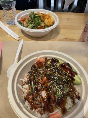 Flying California poke bowl (bottom); Crispy Island poke bowl (top)