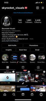 PROFILE VIEW OF INSTAGRAM. SKYROCKET VISUALS. BOOK NOW