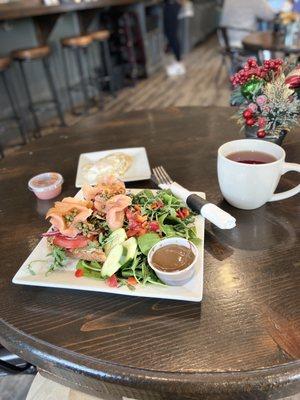 Lox Toast with a salad, side of eggs, & wild berry herbal tea. DELICIOUS!!!