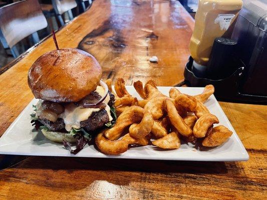 Burger with beer cheese and fries