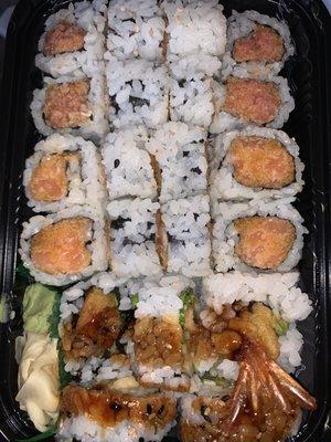 Spicy Tuna, Spicy Salmon and Shrimp Tempura Roll