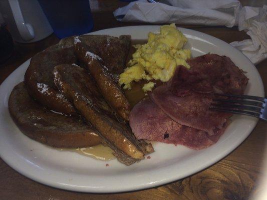 French toast, corn beef, scrambled eggs.