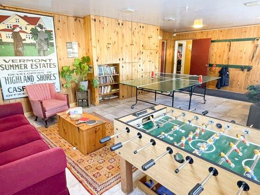 game room in the main lodge, features a foosball & ping pong table, plus many games/ puzzles