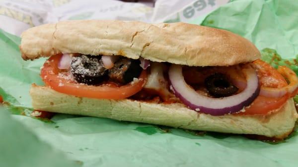 6 inch meatball marinara. The meatballs are hidden toward the back of the sub.