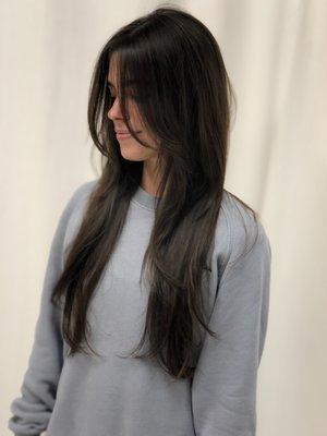 Boho 70's vibe layers, long hair