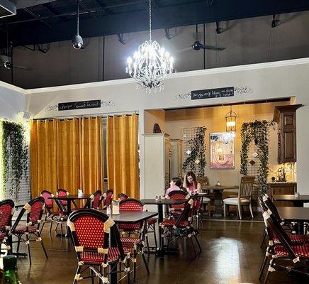 Dining space - beverage center (tea, coffee, cups and glasses are behind the yellow curtain)