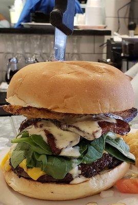 Diner double burger with bacon and a fried green tomato!