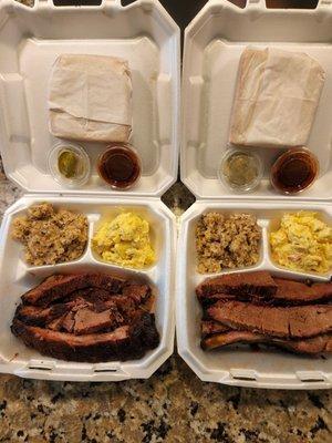 2 orders Brisket and Ribs along with 2 sides dirty rice and potato salad.