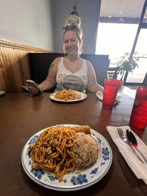 Chicken Lo Mein with fried rice, a la carte egg roll