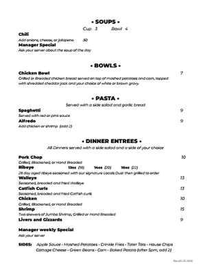 Locals Dinner Menu - Page 5 of 6 - Revised 04-25-20