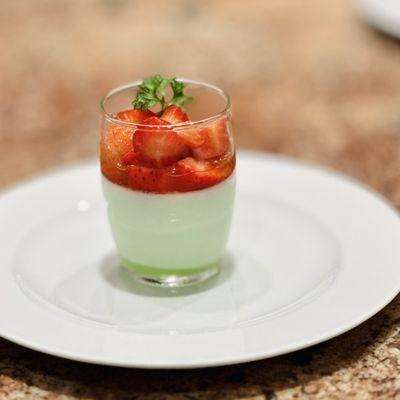 Pandan panna cotta with strawberries