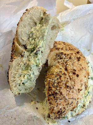 everything bagel toasted with avocado jalapeño cream cheese