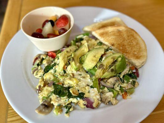 Veggie Scramble with toast and fruit