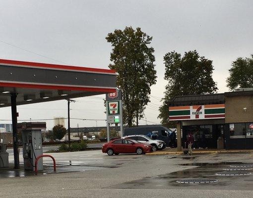 Eight gas pumps on this corner location.