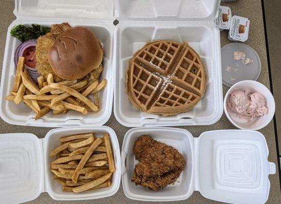 Chicken and waffles with blueberry butter, Hoosier tenderloin sandwich with fries