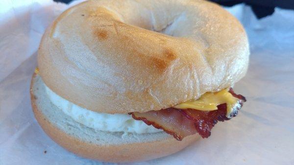 Bacon and egg and cheese on bagel at Dunkin' in Monroe, NC