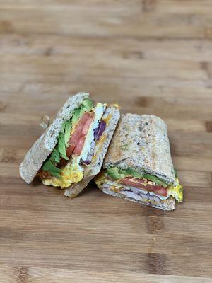 Breakfast Sandwich with extra avocado, red onions  and tomatoes !