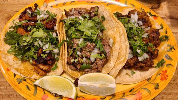 Taco Tuesday! Left: Al Pastor, middle: Asada, Right: Chorizo