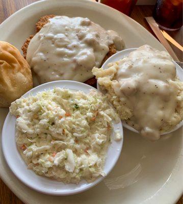 Chicken fried steak, mashed potatoes, coleslaw