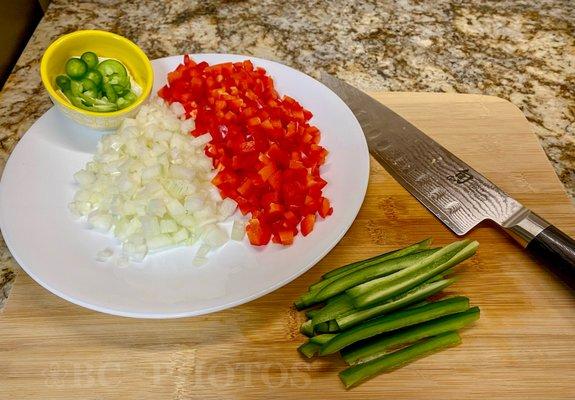 Ingredients bought fresh from SR. My fingers are burning from the jalapeños. Should have worn gloves. (@_@);