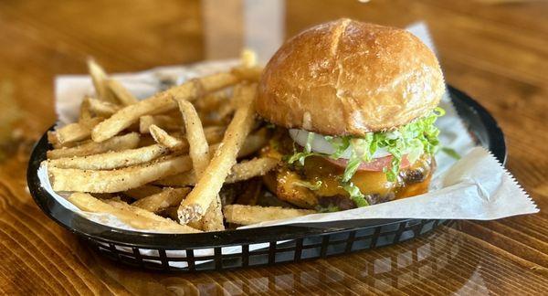 Burger with homemade bun and hand cut fries