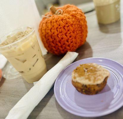 Iced coffee and pumpkin chocolate chip muffin