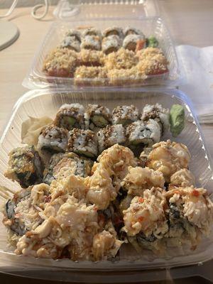 From top to bottom: Spicy Salmon Roll, Crunchy Chipotle Roll, Eel Roll, Bomb Roll