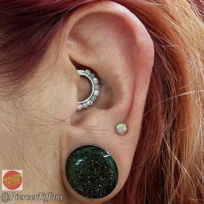 Healed Daith Piercing and 2nd Holes by Tiffany with white Opal and CZ clicker and Bubblegum pink Opal threaded end