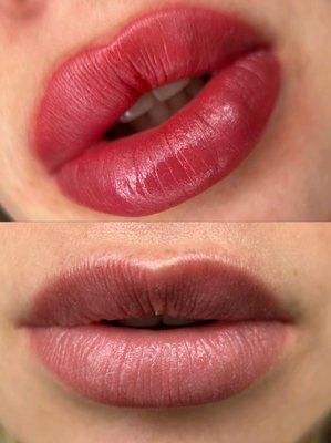 Lip blush permanent makeup. Right after the procedure and healed result.