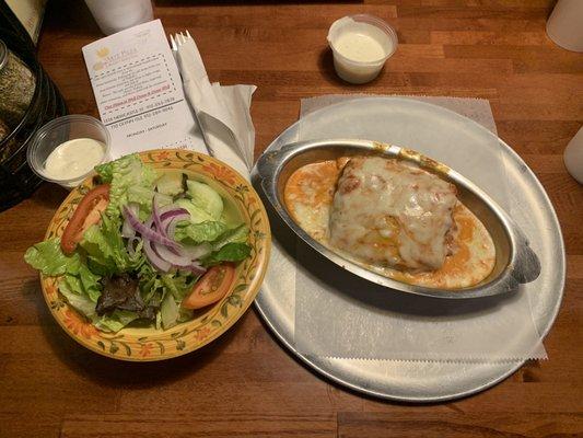 Meat Lasagna with side salad. Unbelievably good. This is a must do for sure!