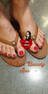 Fresh pedicure with a sophisticated red! Try our signature pedicure with an exfoliant, mask, and hot towel!