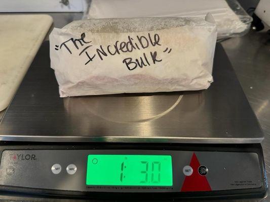 Weighing in at 1.3 lbs, the Incredible Bulk includes ham, turkey, salami, pastrami, roast beef, pepperoni, capicola, and swiss cheese