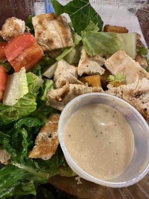 Grilled chicken Caesar salad. Fresh veggies - bland chicken