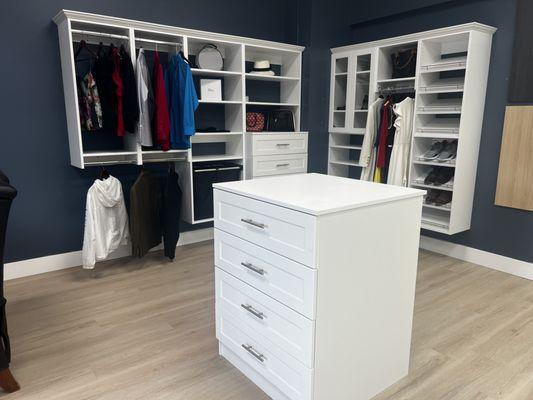 Semi custom closet solutions. 3 colors available (White, Birch and Dk grey wood tone) Let us check out your space and organizational  needs.