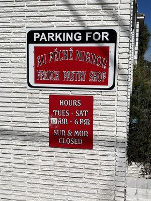 Parking and hours.